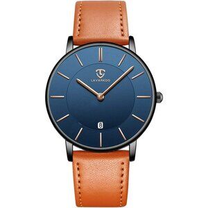 Men Orange Blue Minimalist Fashion Simple Wrist Watch Analog Date with Leather
